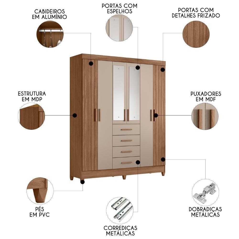 Guarda Roupa Casal 165cm Com Espelho Khani Carvalho/fendi Z17 - Mpozenato - 3