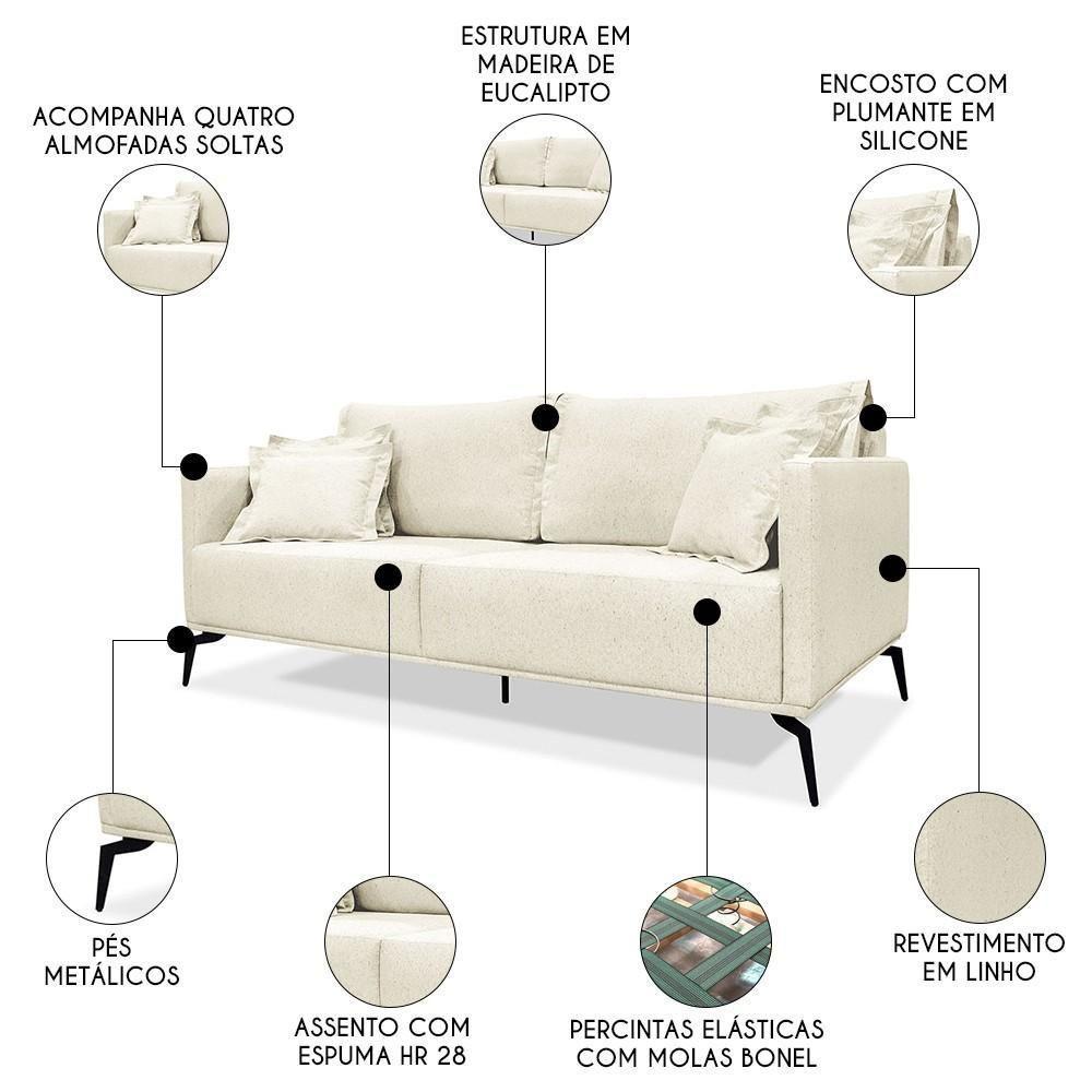 Sofá 3 Lugares 200cm Pés De Metal Vecchia S06 Linho Natural - Mpozenato - 3