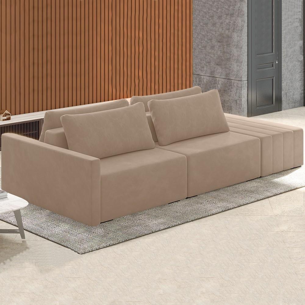 Sofá Ilha Modular Com Puff Para Sala Living 232cm Georgia Z08 Veludo Bege - Mpozenato - 2