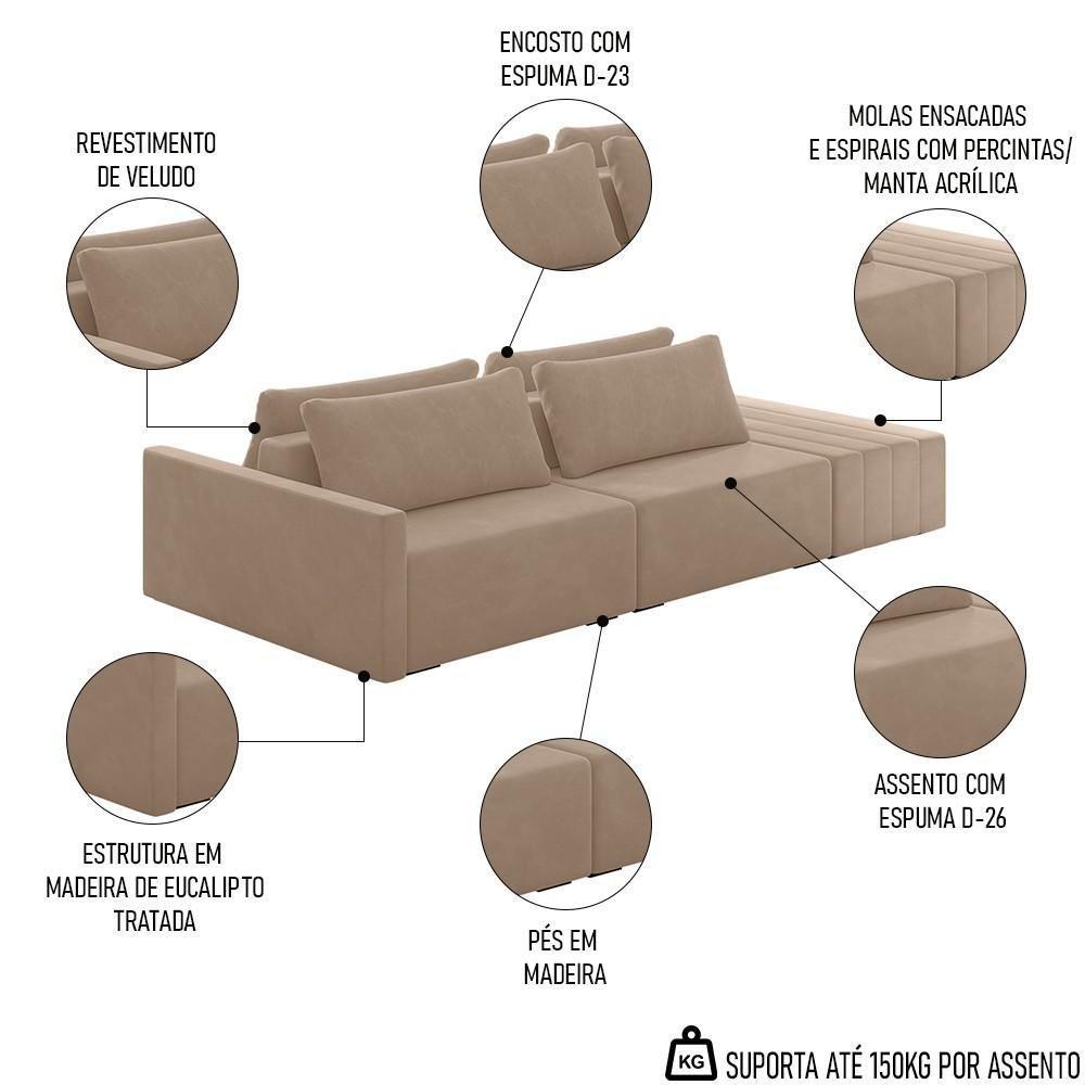 Sofá Ilha Modular Com Puff Para Sala Living 232cm Georgia Z08 Veludo Bege - Mpozenato - 3