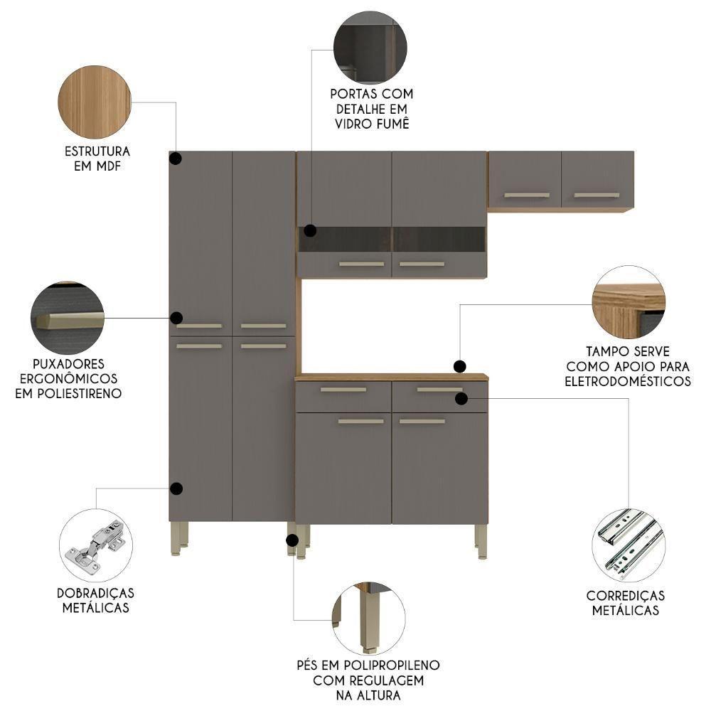 Cozinha Compacta Com Balcão 221cm Vivian Plus Freijó-gris Z06 - Mpozenato - 3
