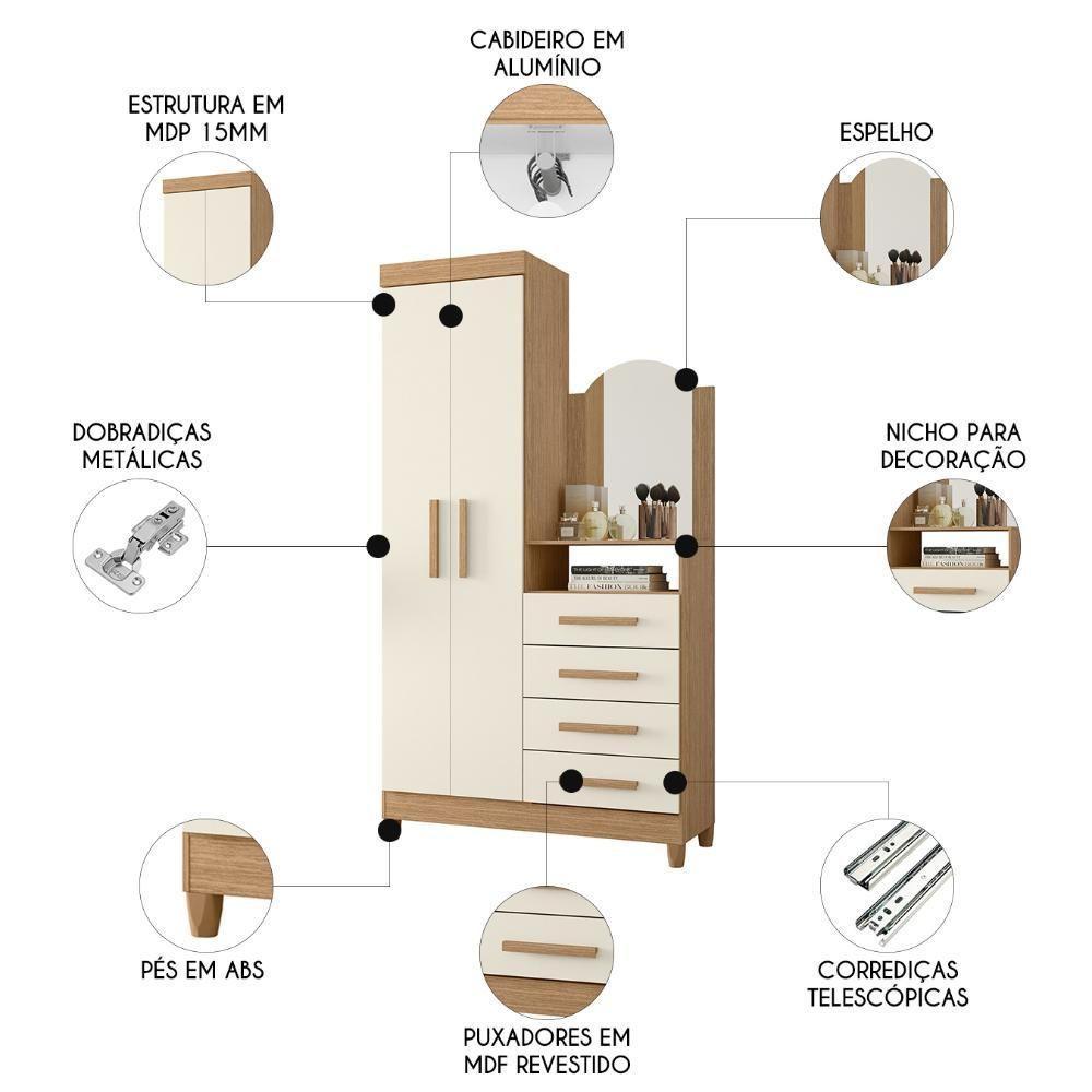 Guarda Roupa Cômoda Com Espelho 103cm Maite A02 Off/freijó - Mpozenato - 3