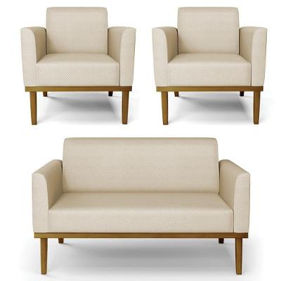 Sofá Namoradeira E 2 Poltronas Base Madeira Castanho Maressa Veludo Luxo Off White - Ibiza