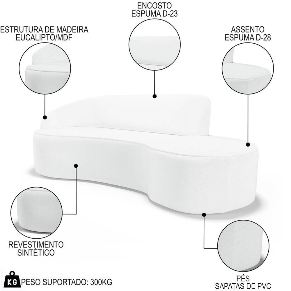 Sofá Living 3 Lugares 210cm Braço Esquerdo Mozart D06 Sintético Branco - Mpozenato - 3