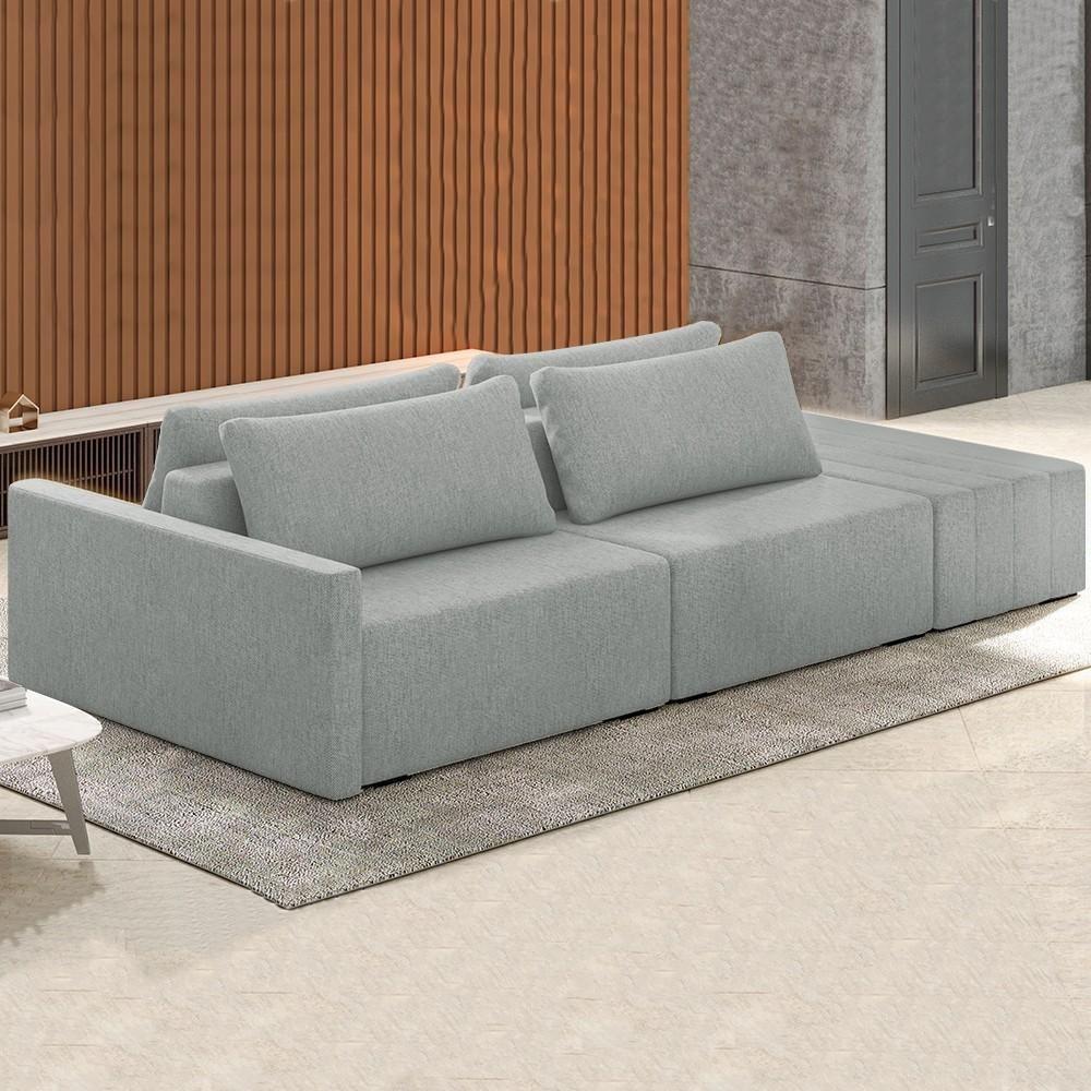 Sofá Ilha Modular Com Puff Para Sala Living 252cm Georgia Z08 Boucle Cinza Claro - Mpozenato - 2