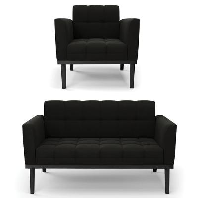 Sofá Namoradeira E 1 Poltrona Base Madeira Preto Ana Suede Preto - Ibiza