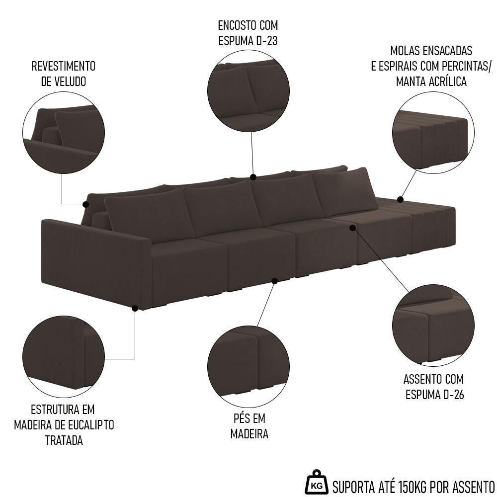 Sofá Ilha Modular Com Puff Para Sala Living 392cm Georgia Z08 Veludo Marrom - Mpozenato - 3