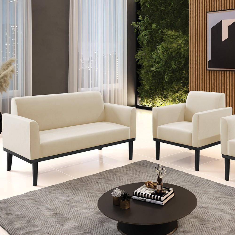 Sofá Namoradeira E 1 Poltrona Base Madeira Preto Maressa Suede Bege - Ibiza - 2