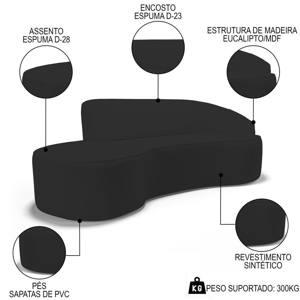 Sofá Living 3 Lugares 260cm Braço Direito Mozart D06 Sintético Preto - Mpozenato - 3