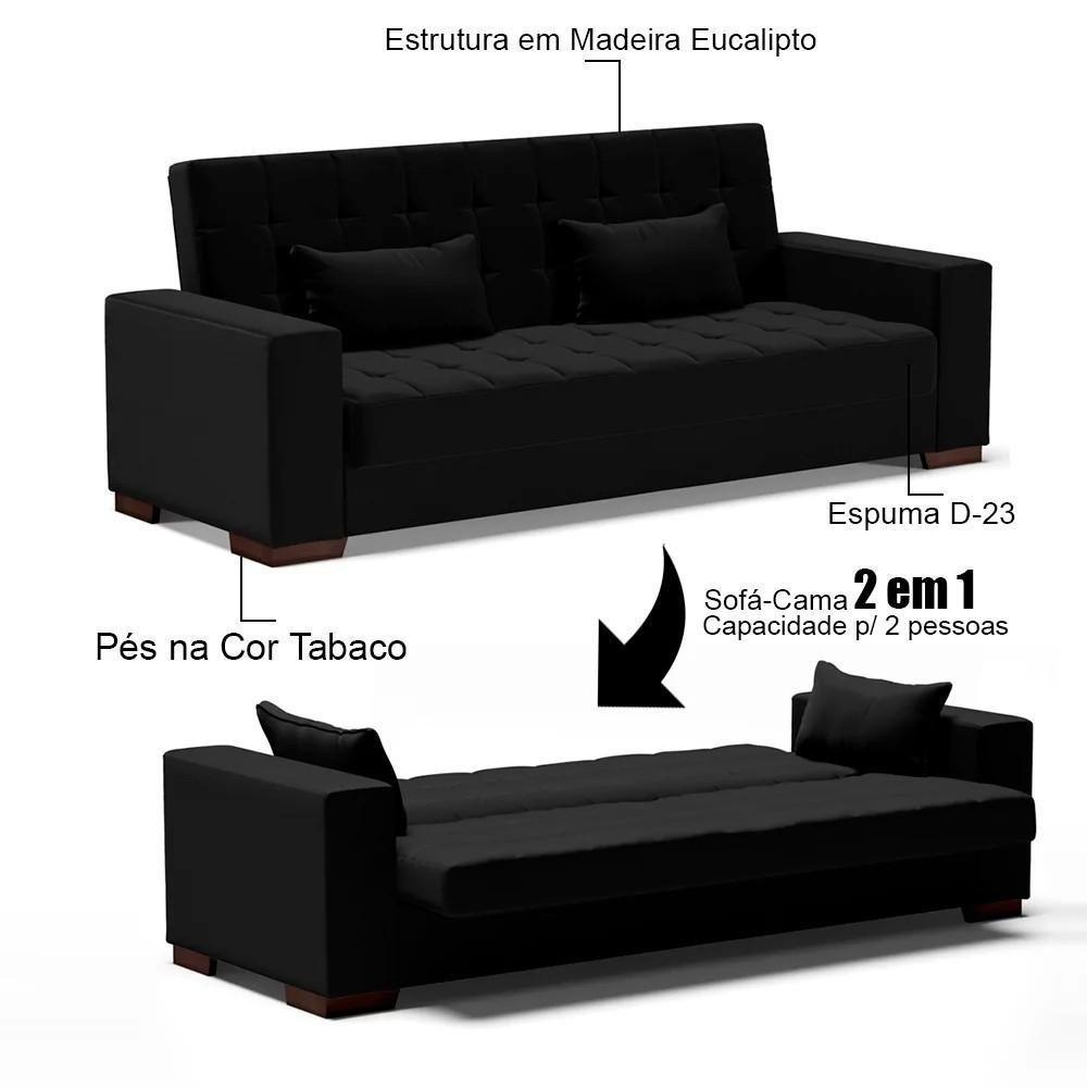 Sofá Cama Para Sala De Estar Lisboa Linho Preto - Ibiza - 3