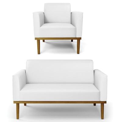 Sofá Namoradeira E 1 Poltrona Base Madeira Castanho Maressa Sintético Pu Branco - Ibiza