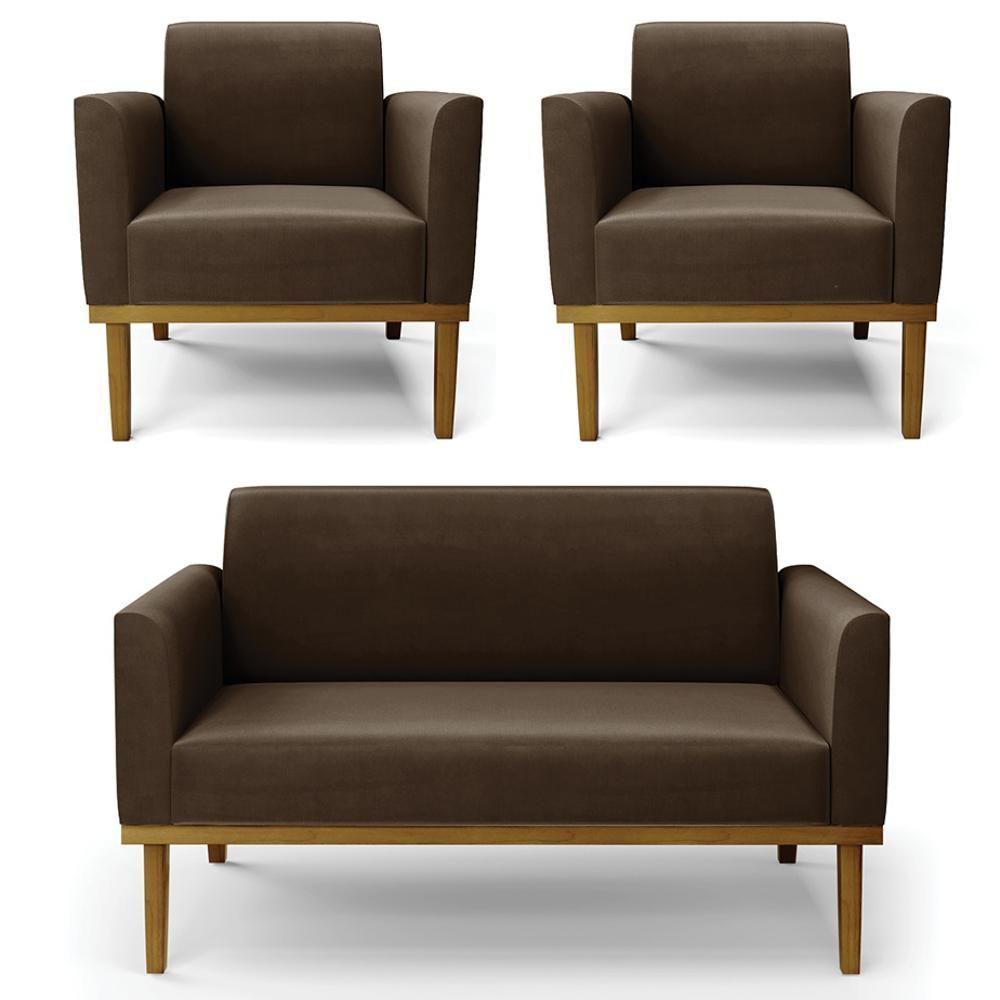 Sofá Namoradeira E 2 Poltronas Base Madeira Castanho Maressa Suede Marrom - Ibiza - 1