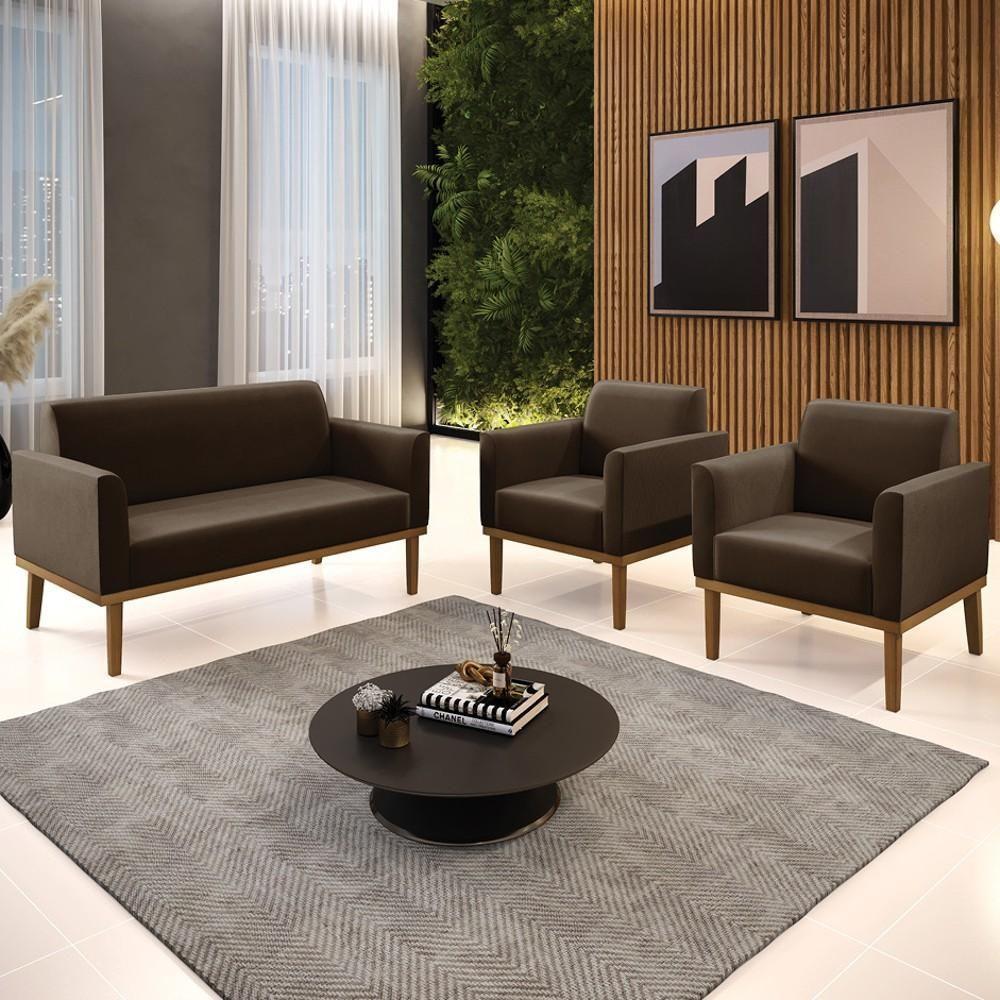 Sofá Namoradeira E 2 Poltronas Base Madeira Castanho Maressa Suede Marrom - Ibiza - 2