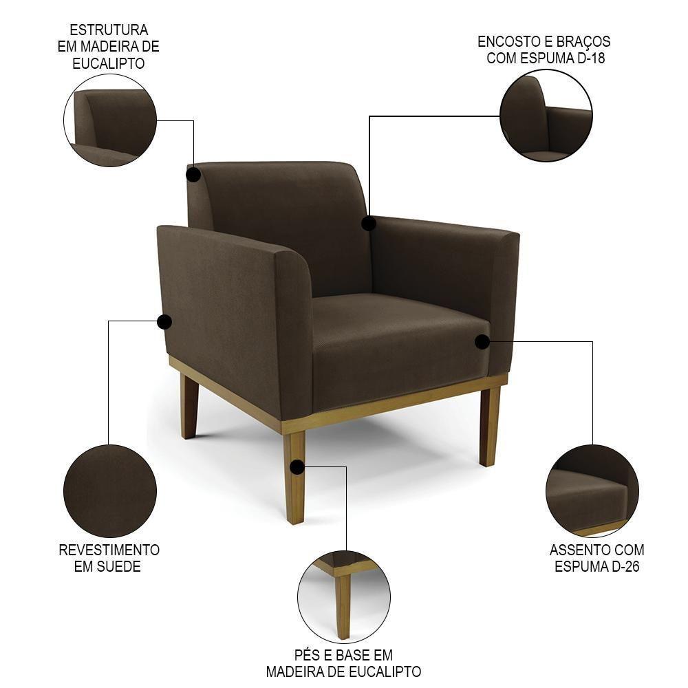 Sofá Namoradeira E 2 Poltronas Base Madeira Castanho Maressa Suede Marrom - Ibiza - 3