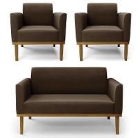 Sofá Namoradeira E 2 Poltronas Base Madeira Castanho Maressa Suede Marrom - Ibiza - 1