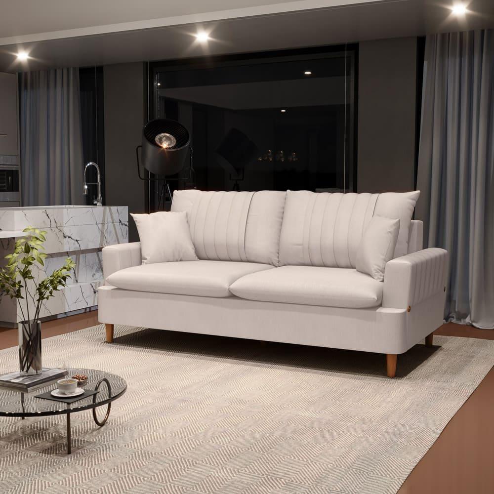 Sofá Living 3 Lugares 180cm Com Almofadas Veras D05 Suede Bege Claro - Mpozenato - 2