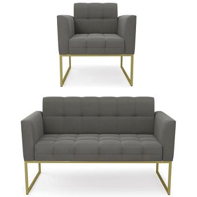 Sofá Namoradeira E 1 Poltrona Base Industrial Dourado Ana Suede Grafite - Ibiza