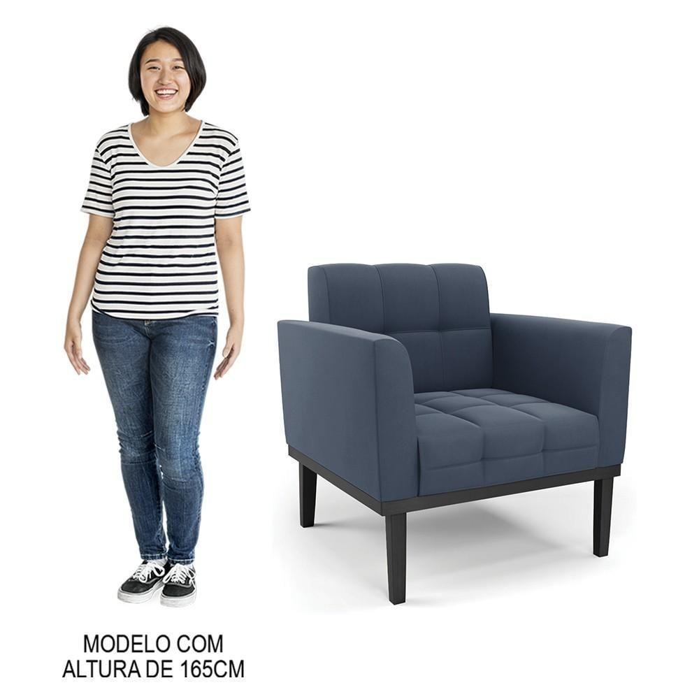 Sofá Namoradeira E 1 Poltrona Base Madeira Preto Ana Suede Azul Marinho - Ibiza - 2