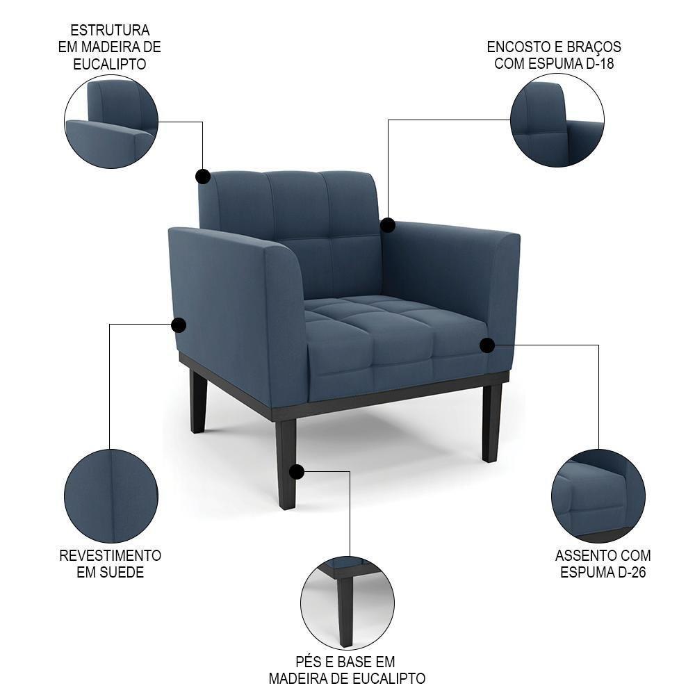 Sofá Namoradeira E 1 Poltrona Base Madeira Preto Ana Suede Azul Marinho - Ibiza - 10