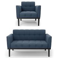 Sofá Namoradeira E 1 Poltrona Base Madeira Preto Ana Suede Azul Marinho - Ibiza - 1