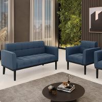 Sofá Namoradeira E 1 Poltrona Base Madeira Preto Ana Suede Azul Marinho - Ibiza - 6