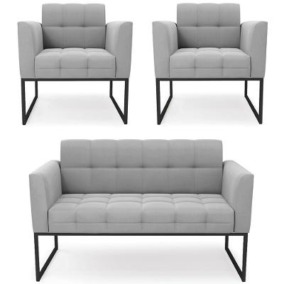Sofá Namoradeira E 2 Poltronas Base Industrial Preto Ana Suede Cinza - Ibiza