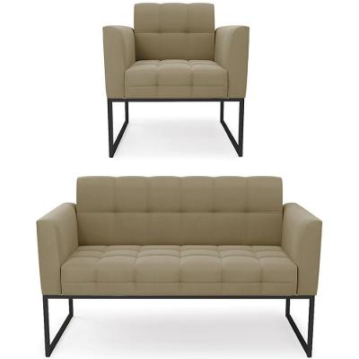 Sofá Namoradeira E 1 Poltrona Base Industrial Preto Ana Suede Marrom Rt - Ibiza