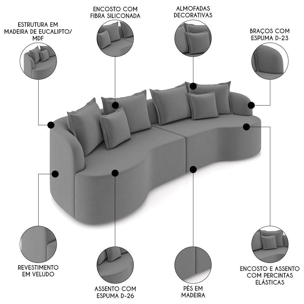 Sofá 4 Lugares 250cm Orgânico Quito Z08 Veludo Cinza - Mpozenato - 3