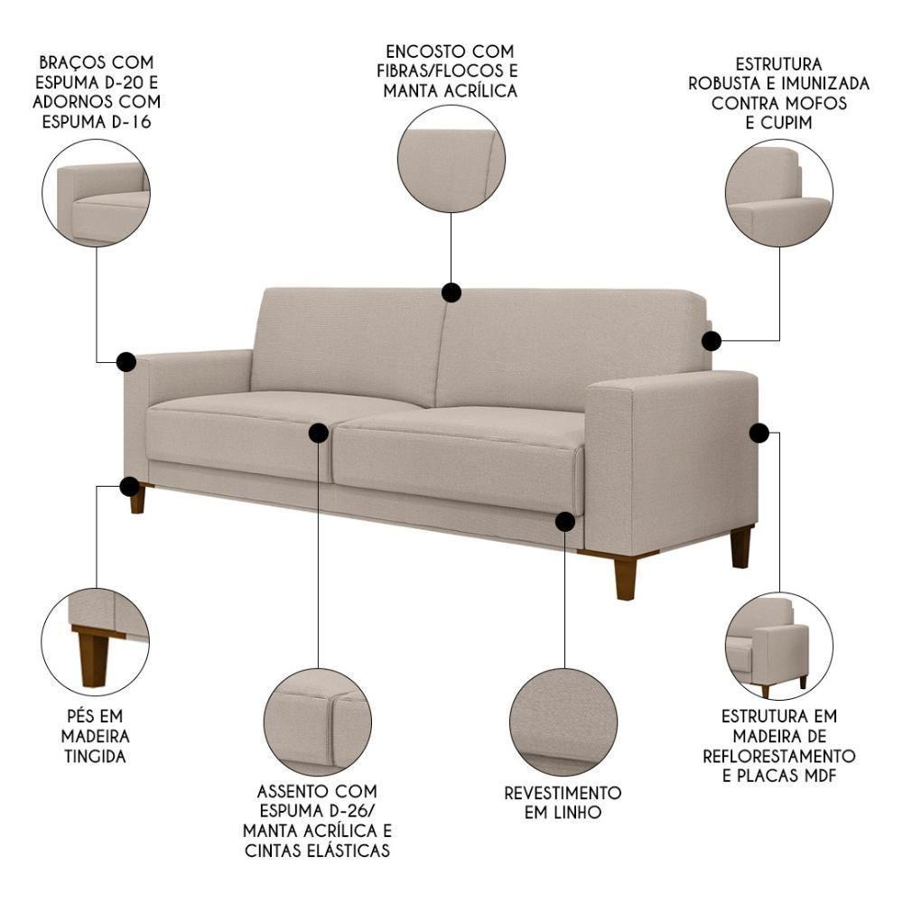 Sofá 3 Lugares 214cm Com 02 Poltronas Zaire M22 Linho Areia - Mpozenato - 3