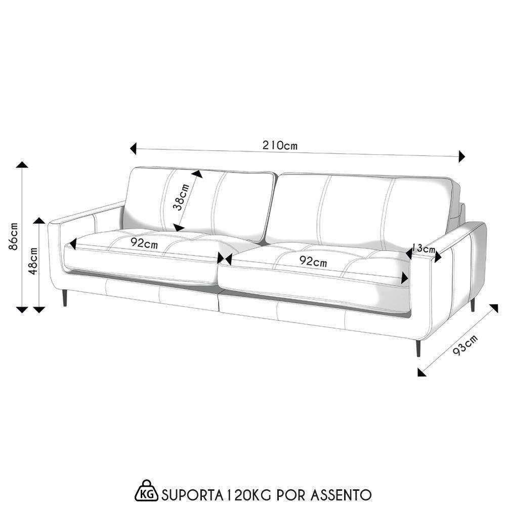 Sofá 3 Lugares Para Sala 210cm Alicie L08 Couro Cinza Claro - Mpozenato - 4