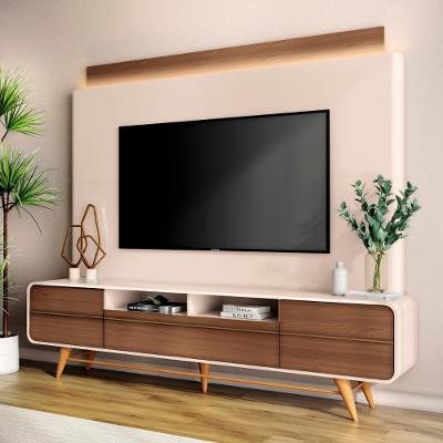 Estante Painel De Tv 85 Pol 220cm Nobre Castanho-off White - Hb Móveis