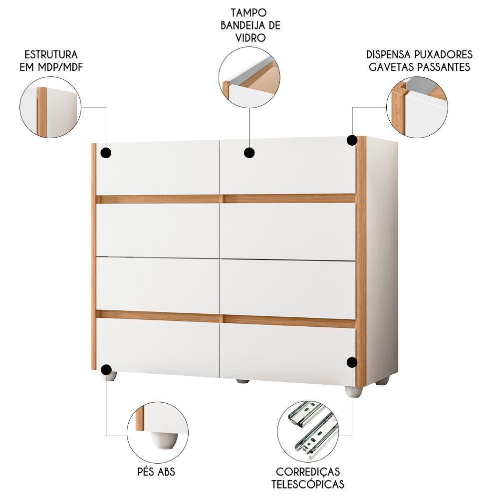Cômoda Para Quarto 120cm Tampo Vidro Lynd A02 Branco-freijó - Mpozenato - 4