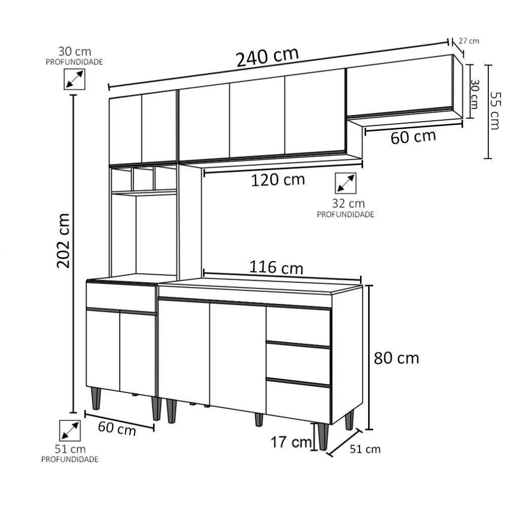 Cozinha Modulada 5 Peças Balcão Com Pia 120cm Andréia Cinza- Ajl Móveis - 4