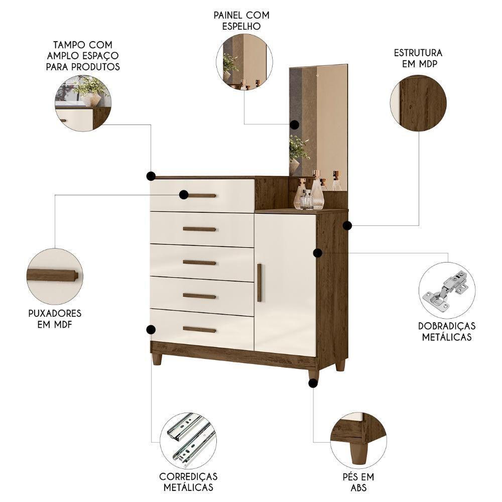 Cômoda Para Quarto 104cm Com Espelho Kyra Castanho Wood-off Z17 - Mpozenato - 7