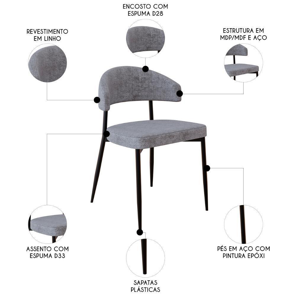 Cadeira De Jantar Estofada Kit 4 Chloe M25 Linho Lautrec Cinza - Mpozenato - 3