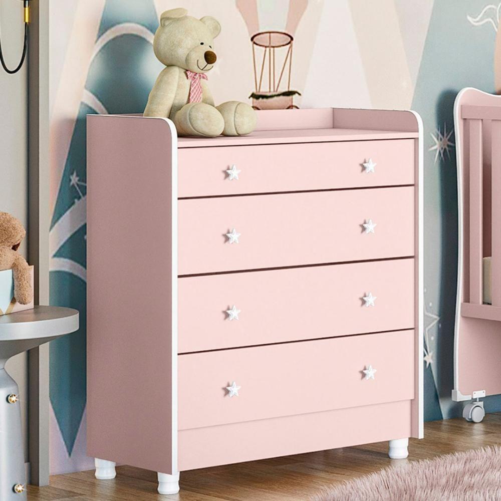 Cômoda Infantil Com Trocador 4 Gavetas Doce Sonho Rosa - Qmovi - 6
