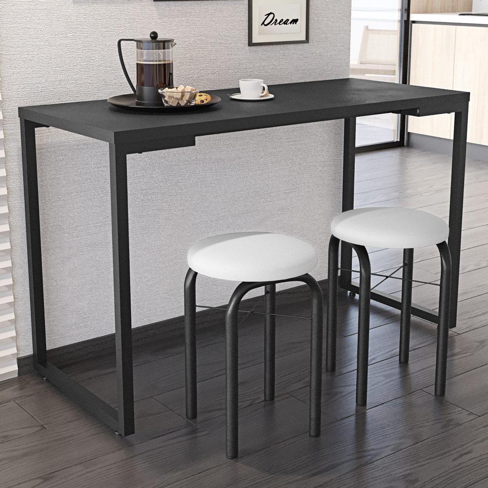 Mesa De Cozinha Bistrô Porto Preto 120cm Com 2 Banquetas Industriais Maviê Branco/preto - Mpozenato - 2