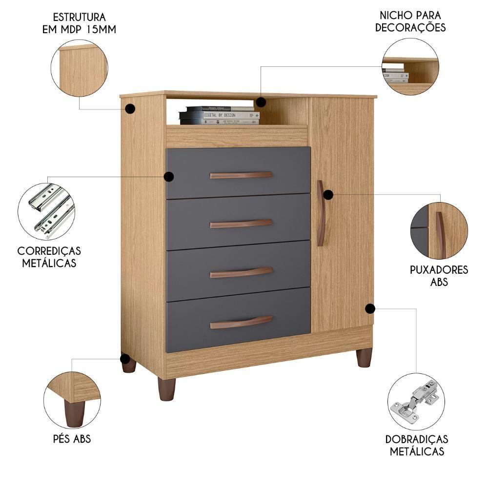 Cômoda Para Quarto 1 Porta 84cm Franci A02 Freijó-titanium - Mpozenato - 5