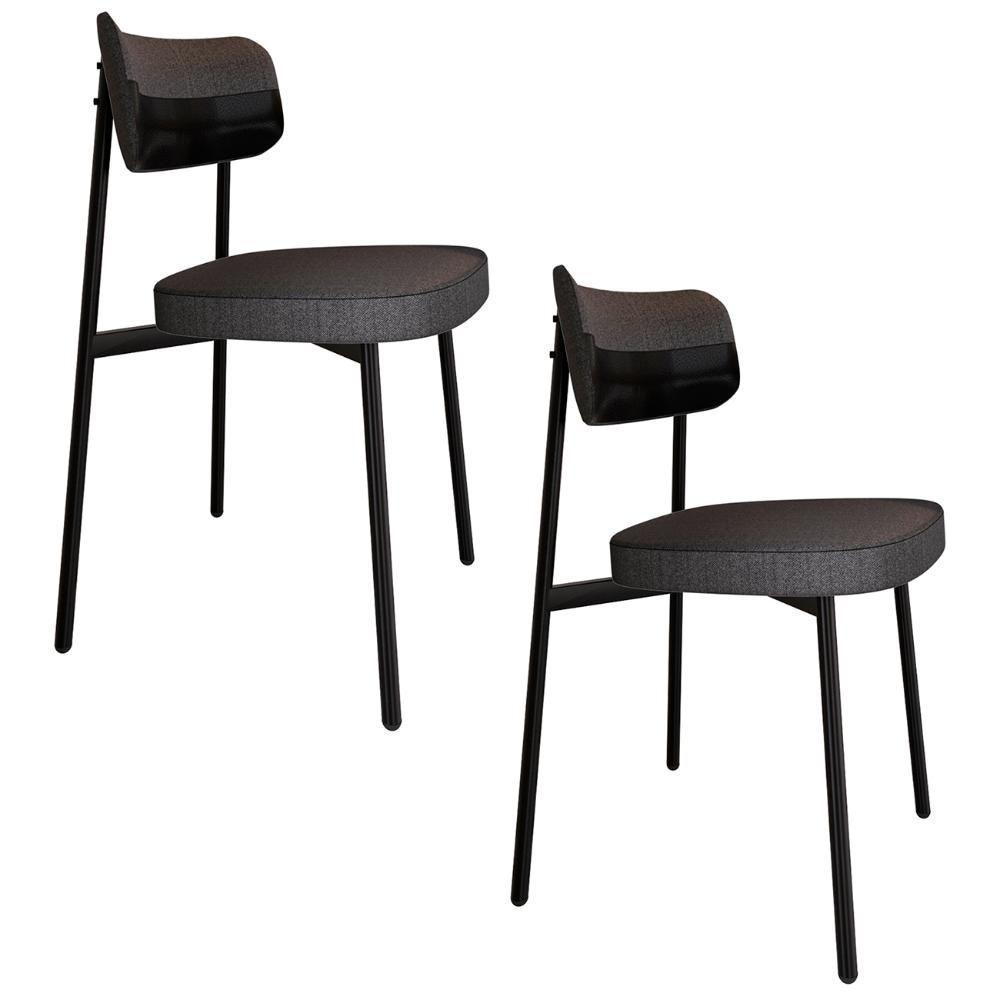 Cadeira De Jantar Estofada Kit 2 Ella M25 Linho Grafite-preto - Mpozenato - 1