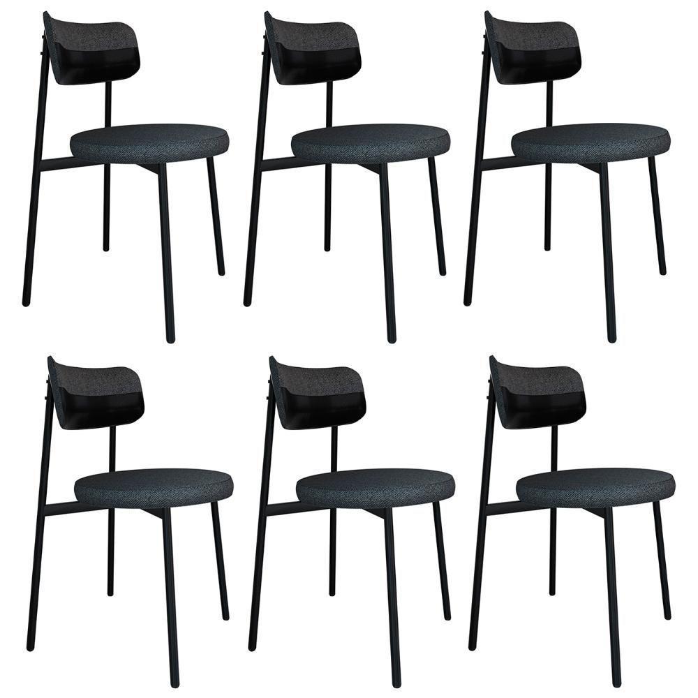 Cadeira De Jantar Estofada Kit 6 Nyka M25 Linho Grafite-preto - Mpozenato - 1