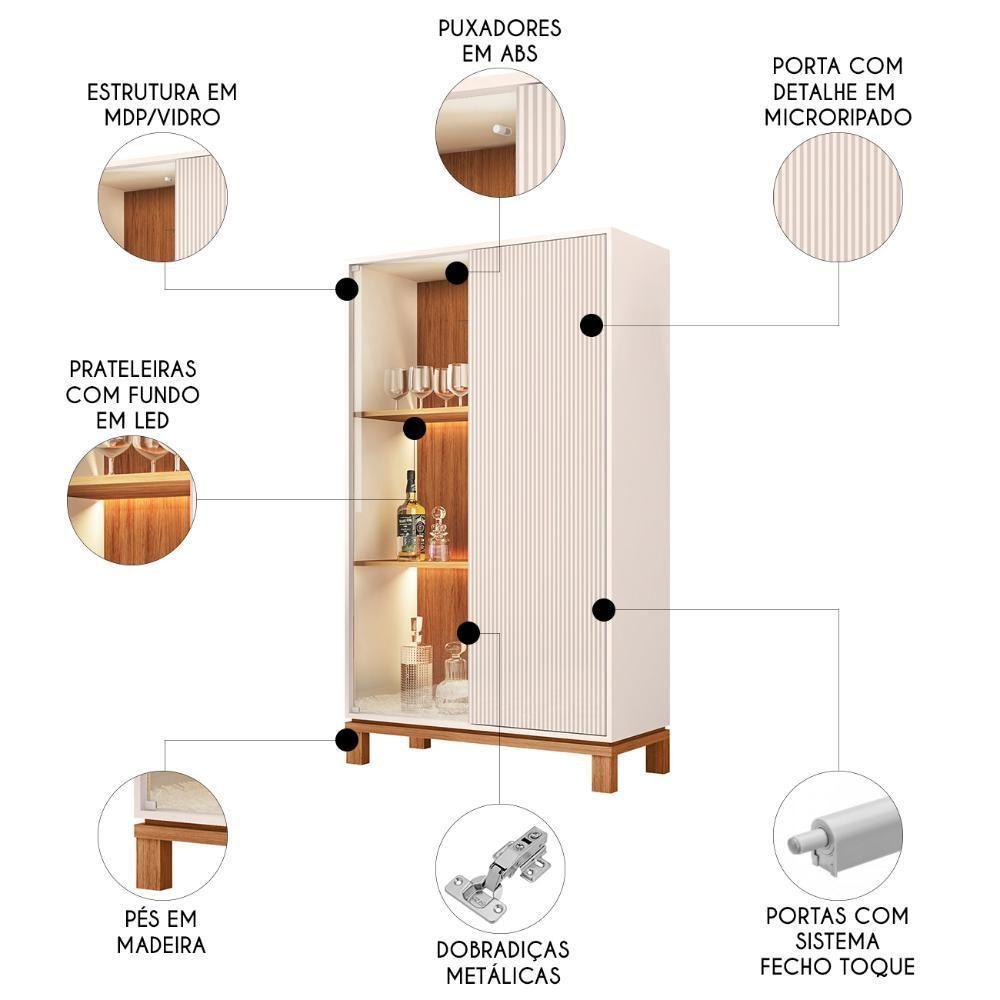 Cristaleira Porta De Vidro Com Led 90cm Lucca Off-freijó C01 - Mpozenato - 3