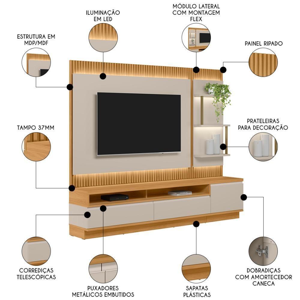 Painel Para Tv 70 Pol Com Rack Bancada 238cm Real L06 Tauari/off White - Mpozenato - 3