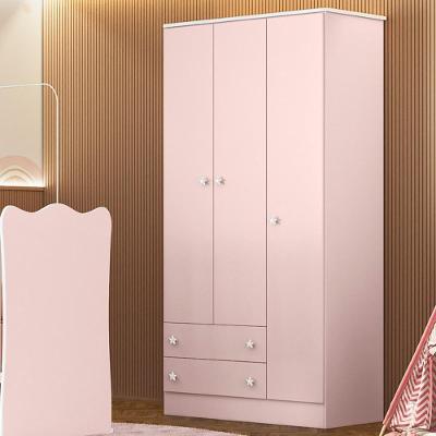 Guarda Roupa Infantil Solteiro Doce Sonho 3 Portas de Bater 2 Gavetas Rosa MDP Qmovi