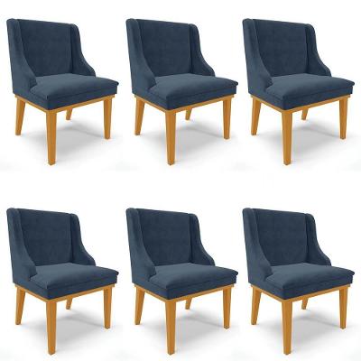 Kit 6 Cadeiras Estofadas Para Sala De Jantar Base Fixa De Madeira Castanho Lia Suede Azul Marinho - Ibiza