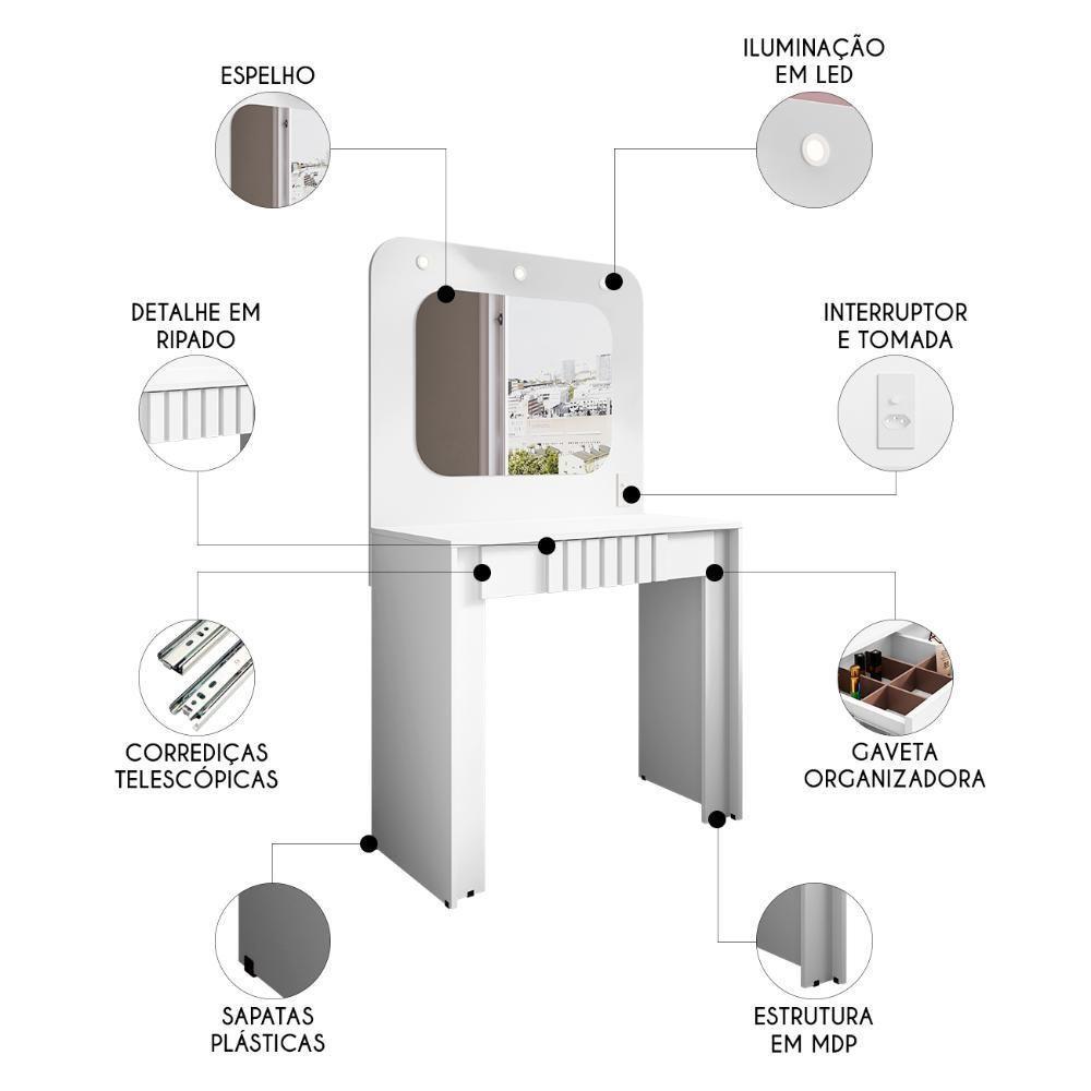 Penteadeira Camarim 90cm Com Espelho Lilian Branco B02 - Mpozenato - 3