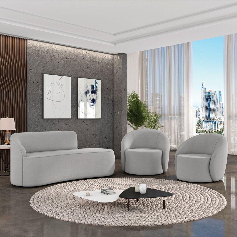 Sofá 2 Lugares Orgânico 140cm Morgan E 2 Poltronas Lua Suede Cinza D03 - D'rossi - 2