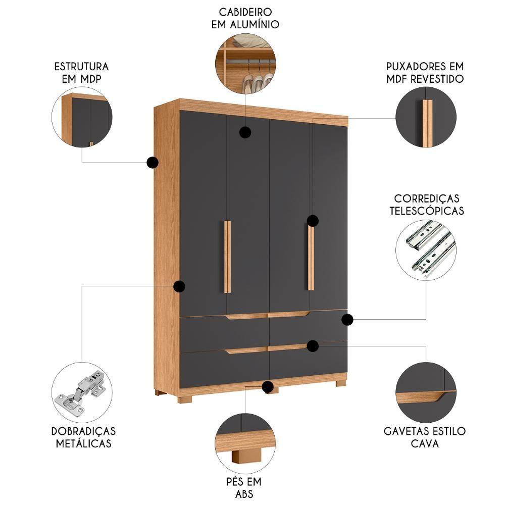 Guarda Roupa Solteiro 160cm 4 Portas Doble Freijó/titanium - Albatroz - 3
