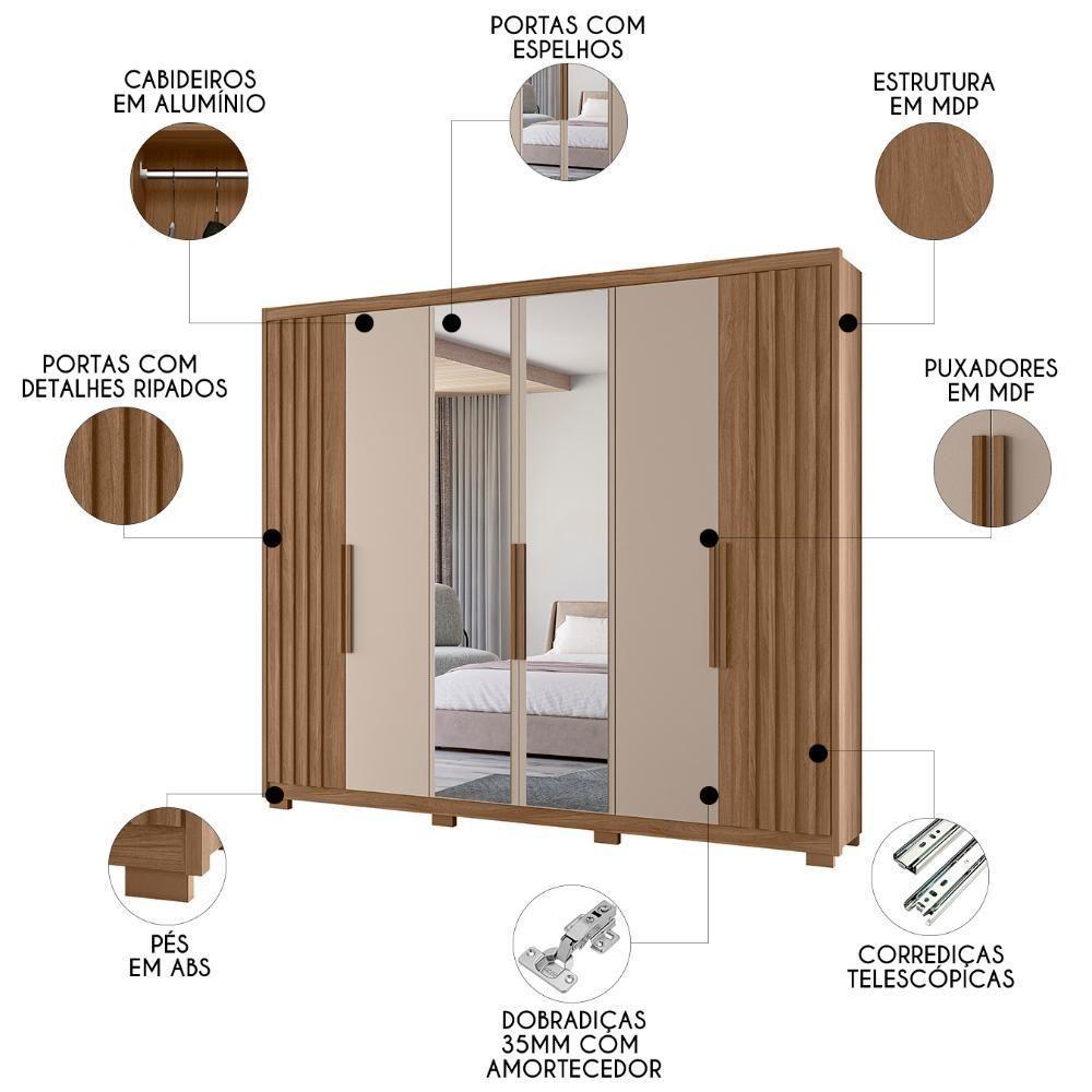 Guarda Roupa Casal 260cm Com Espelho Gaia Carvalho/fendi Z17 - Mpozenato - 3
