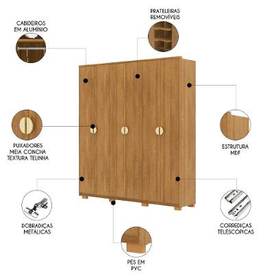 Guarda Roupa Casal Noronha Nature 6 Portas de Bater 4 Gavetas MDF Vila Rica
