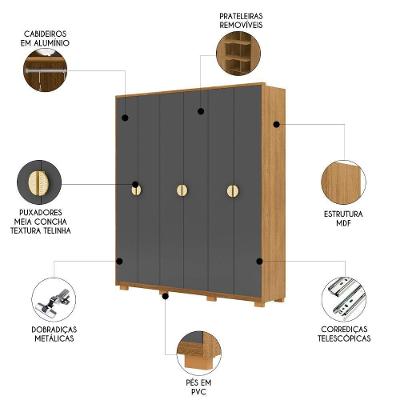 Guarda Roupa Casal Leo Nature-Alasca V02 6 Portas Bater 4 Gavetas Nature-Alasca MDF